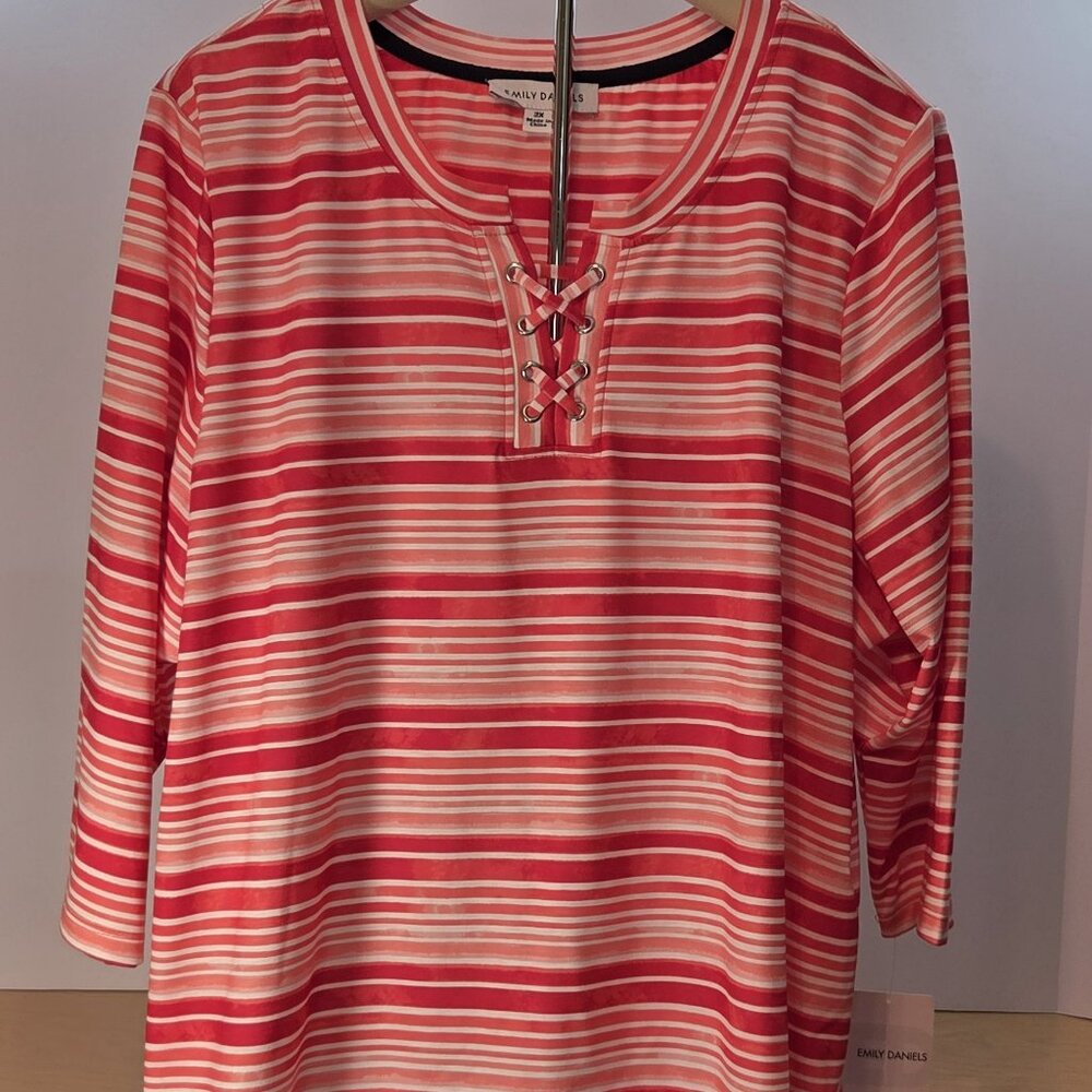 3/4 Sleeve Lace Up Neck Top by Emily Daniels, 2XL, Peach/Red/Pink/White Stripes